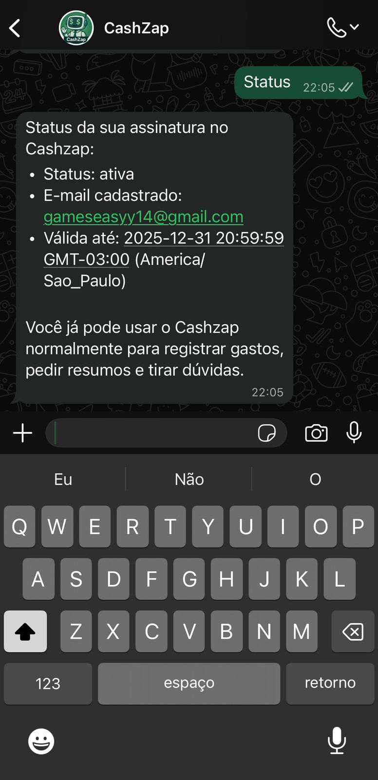 Status da assinatura do Cashzap no WhatsApp